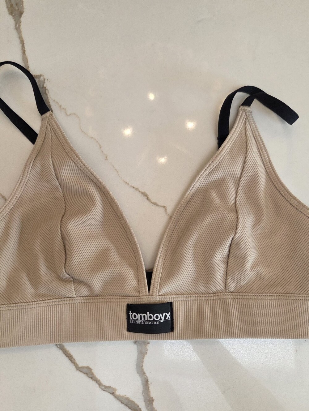 TomboyX Bamboo Rib Triangle Bralette M Beige Racerback Minimalist Lounge